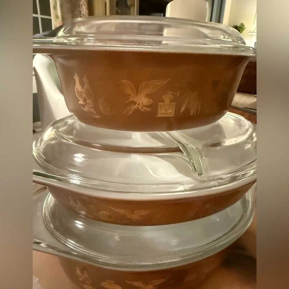 Pyrex Early American Heritage Casserole Gold Set Clear Lids  3 Sets •pristine!